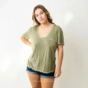 Free People Olive Green Paper Low Cut Crew Neck Tee Shirt